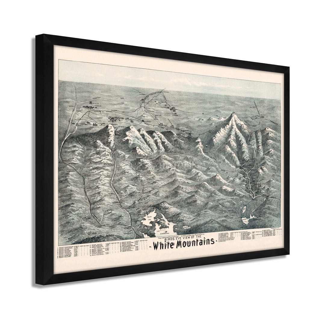 Digitally Restored and Enhanced 1890 White Mountains Map - Framed Vintage Map of the White Mountains - Bird's Eye View Map of White Mountains New Hampshire Shows Index to Summits