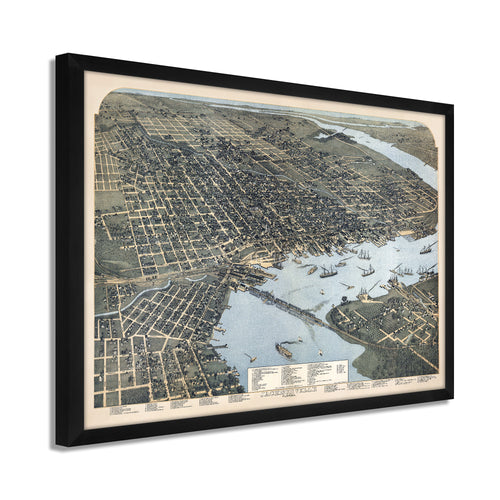 Digitally Restored and Enhanced 1893 Jacksonville Florida Map - Framed Vintage Jacksonville Wall Art - History Map of Jacksonville Florida - Old Bird's Eye View Map of Jacksonville FL