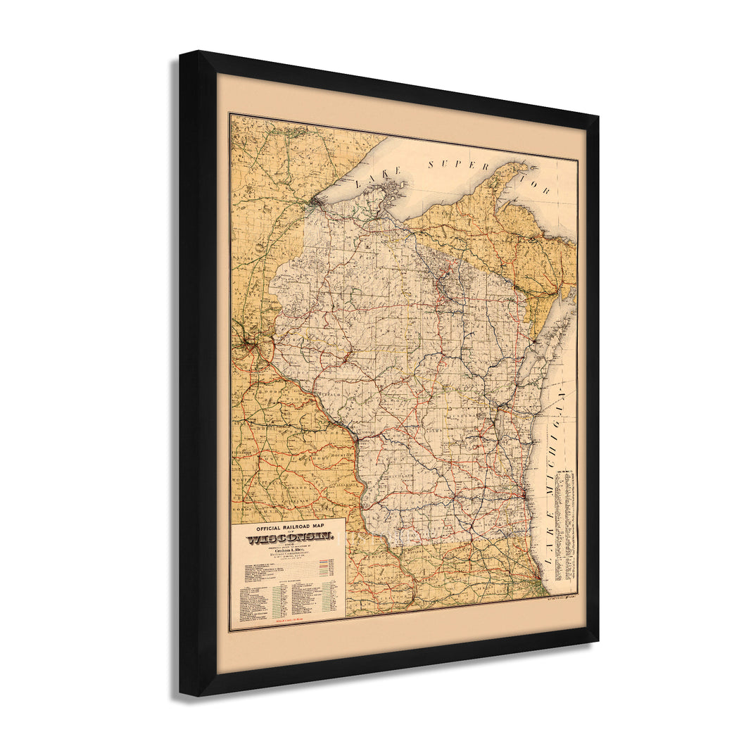 Digitally Restored and Enhanced 1900 Wisconsin Map Poster - Framed Vintage Wisconsin Wall Art - Old Railroad Map of Wisconsin Poster