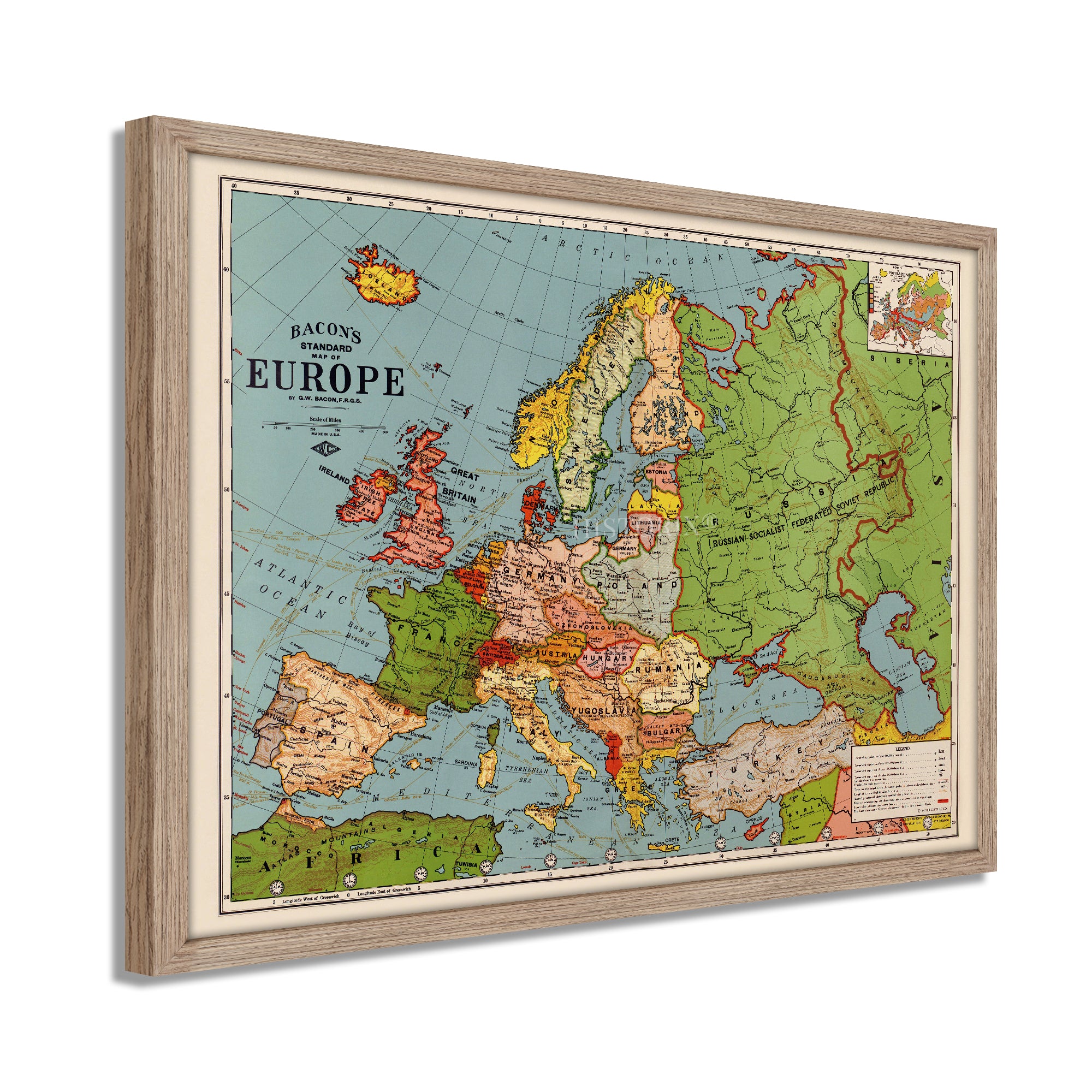 European Map 1925 1925 Standard Map of Europe with Time Zones Framed Wall Art – Historic ...