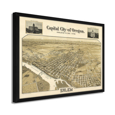 Digitally Restored and Enhanced 1905 Salem Oregon Map - Framed Vintage Salem City State of Oregon Map - History Map of Oregon Poster - Bird's Eye View of Salem Oregon Wall Art