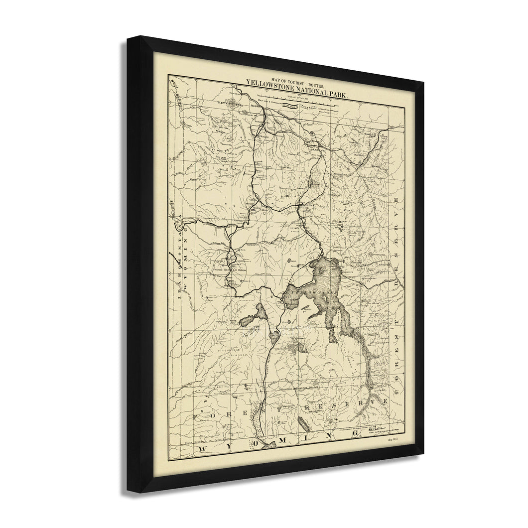 Digitally Restored and Enhanced 1900 Yellowstone National Park Map - Framed Vintage Wyoming Map Poster - Old Wyoming Wall Art - Tourist Routes Map of Yellowstone National Park
