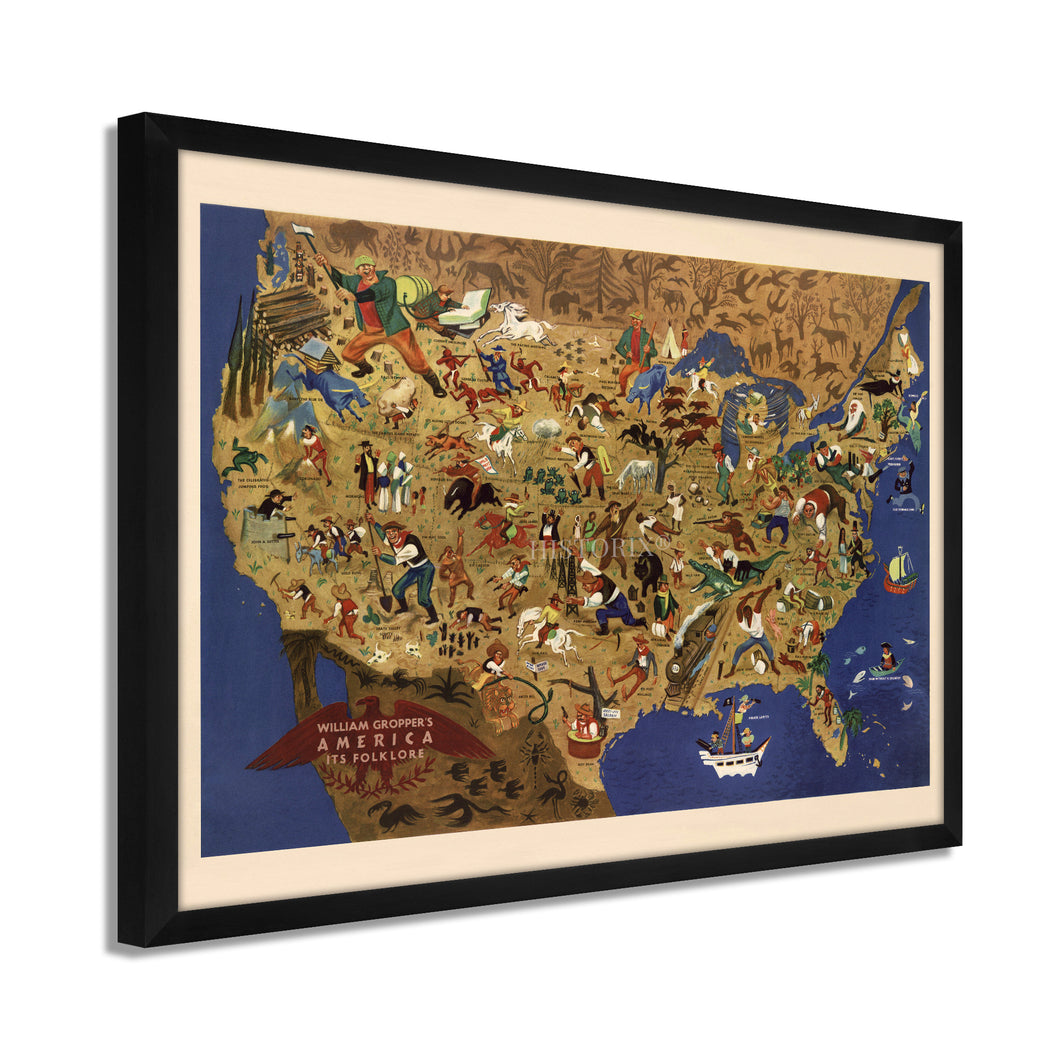Digitally Restored and Enhanced 1946 United States Map Poster - Framed Vintage Map of the United States Wall Art - Historic USA Map Poster - Restored Map of USA & Its Folklore