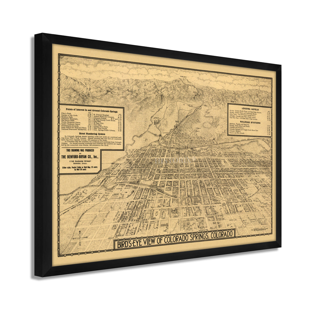 Digitally Restored and Enhanced 1909 Map of Colorado Springs - Framed Vintage Colorado Map Poster - Old Colorado Wall Art - Historic Bird's Eye View Map of Colorado Springs CO