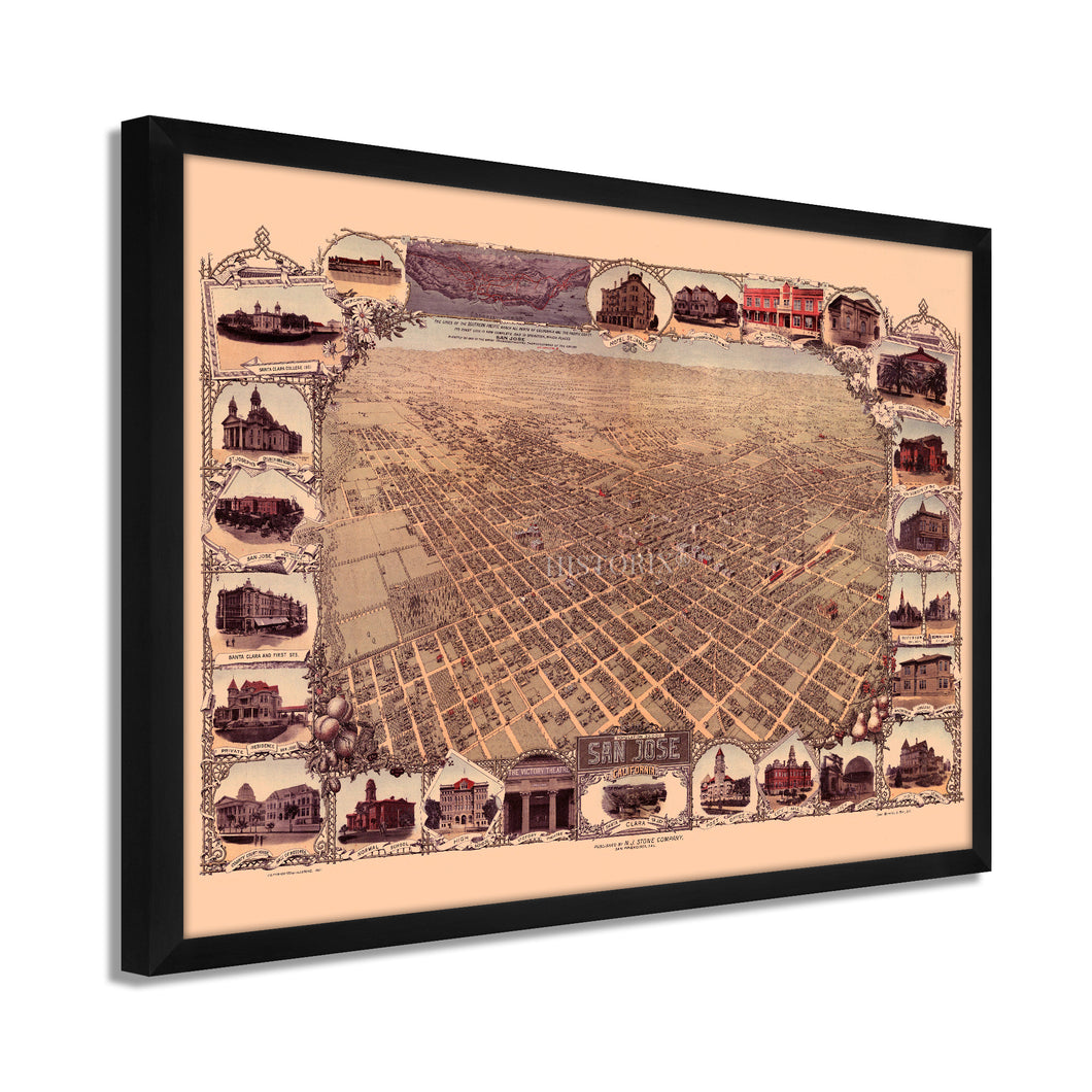 Digitally Restored and Enhanced 1901 San Jose California Map - Framed Vintage San Jose Wall Art - Old San Jose Poster - History Map of San Jose CA - Bird's Eye View of San Jose CA Map