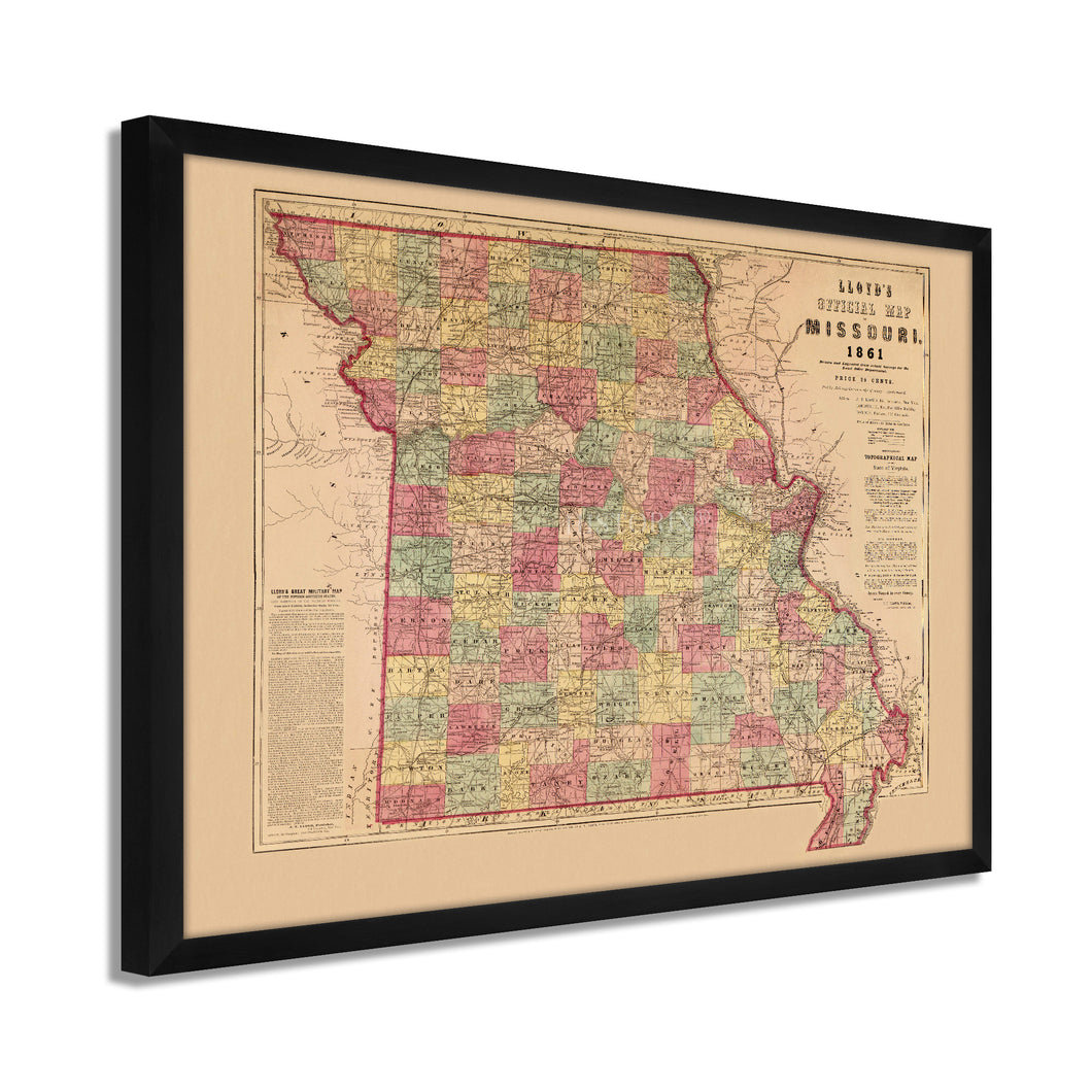 Digitally Restored and Enhanced 1861 Missouri Map Poster - Framed Vintage Missouri Wall Map  - Old Missouri State Map - Historic MO Map - Restored Official Map of Missouri Wall Art