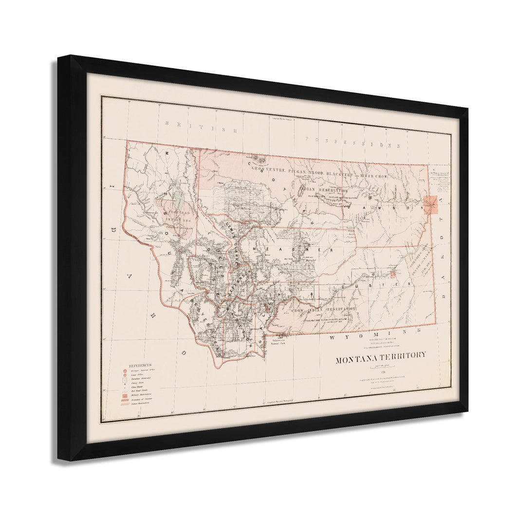 Digitally Restored and Enhanced 1879 Montana Map Poster - Framed Vintage Montana Poster - History Map of Montana Wall Art - Restored Montana State Map Territory from Official Records