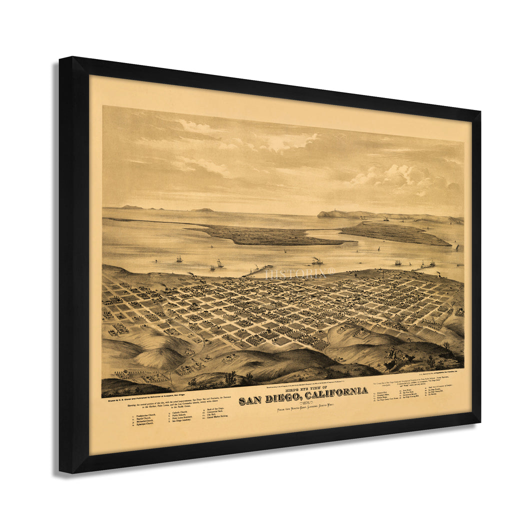 Digitally Restored and Enhanced 1876 San Diego Map Poster - Framed Vintage San Diego Map History - Old California Map Poster - San Diego Wall Art - Bird's Eye View of San Diego CA