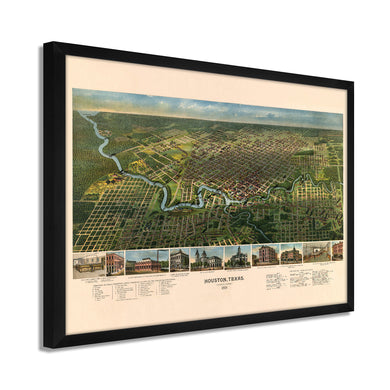 Digitally Restored and Enhanced 1891 Houston Map - Framed Vintage Houston Poster - Old Houston Wall Art - History Map of Houston TX -Historic Bird's Eye View of Houston Texas Map