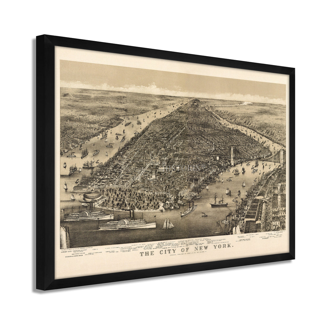 Digitally Restored and Enhanced 1886 New York City Poster Map - Framed Vintage Map of New York City Wall Art - Restored New York Map - Old Bird's Eye View of New York Poster