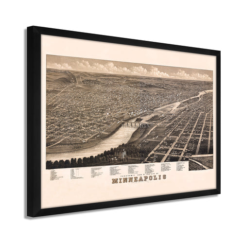 Digitally Restored and Enhanced 1879 Minneapolis Map Poster - Framed Vintage Minneapolis Minnesota Map Print - Old City of Minneapolis Wall Art - History Map of Minneapolis MN