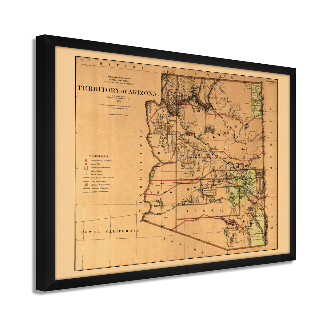 Digitally Restored and Enhanced 1876 Arizona Map Poster - Framed Vintage Arizona Wall Art - History Map of Arizona State Territory