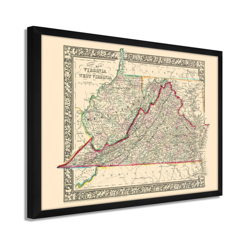 Digitally Restored and Enhanced 1863 Virginia  & West Virginia Map - Framed Vintage Virginia Wall Map - Old West Virginia Wall Art