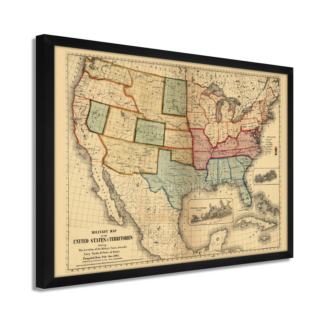 Digitally Restored and Enhanced 1861 Military Map of The United States - Framed Vintage United States Map - Restored USA Map Poster - Old Military Map of United States & Territories