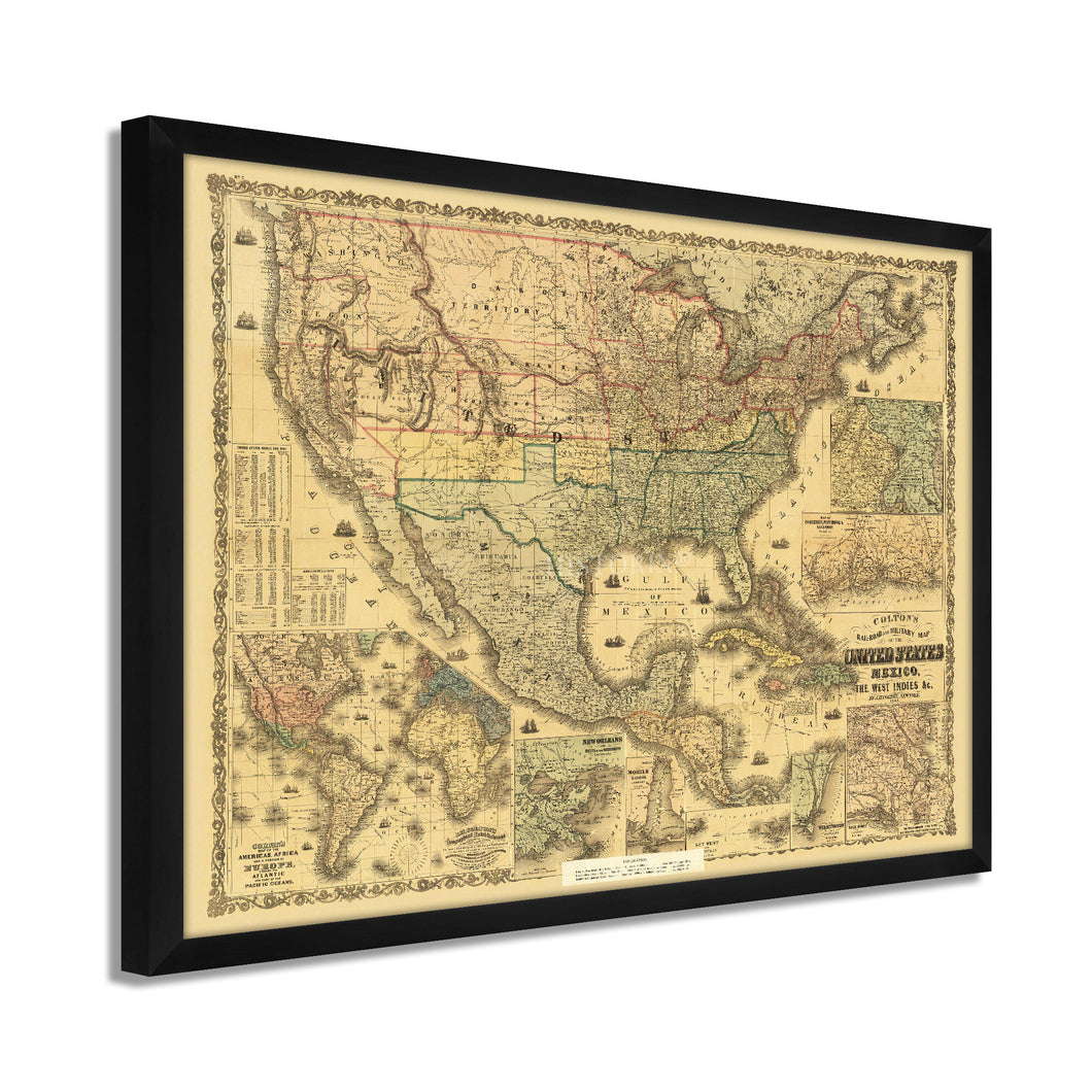 Digitally Restored and Enhanced 1862 United States Map Poster - Framed Vintage Map of United States Wall Art - Colton's Railroad & Military Map of the United States Mexico West Indies