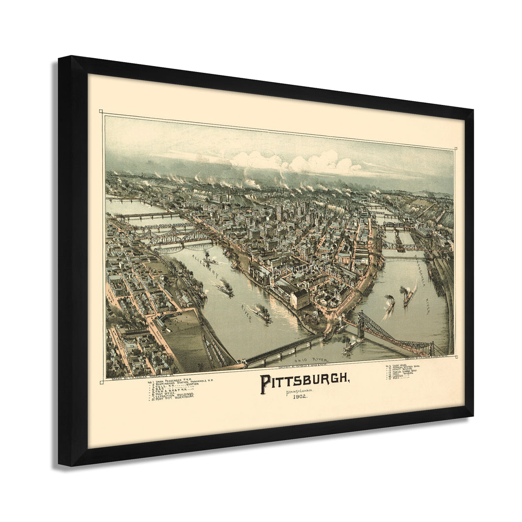 Digitally Restored and Enhanced 1902 Map of Pittsburgh Poster - Framed Vintage Pennsylvania Map - Old Pittsburgh Wall Art - Restored Bird's Eye View Map of Pittsburgh Pennsylvania