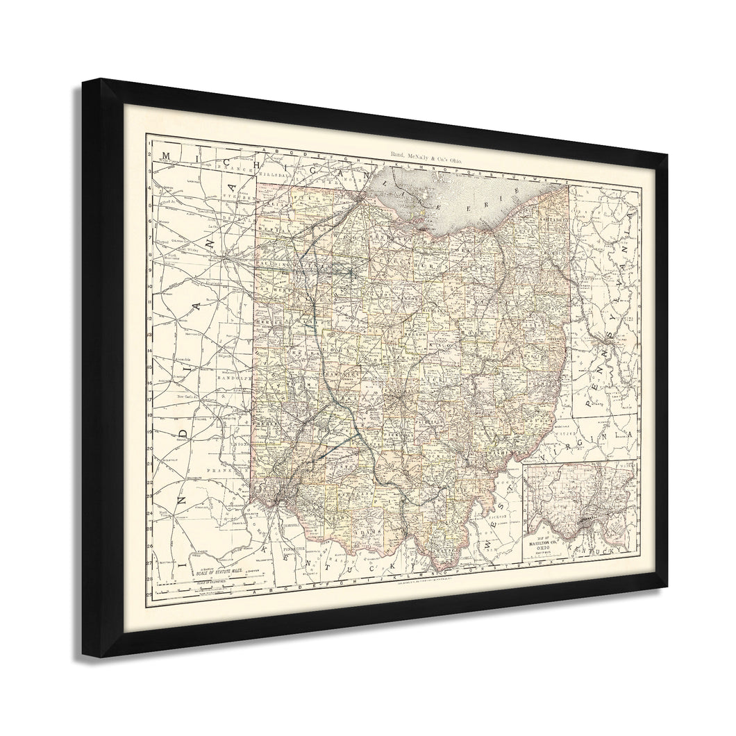 Digitally Restored and Enhanced 1894 Ohio Map Poster - Framed Vintage Ohio State Wall Art - History Map of Ohio State Poster Print