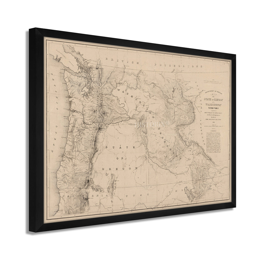 Mapa del estado de Oregón y Washington de 1859 - Mapa de Oregón vintage enmarcado - Mapa restaurado del arte de la pared del estado de Oregón y el territorio de Washington Póster 
