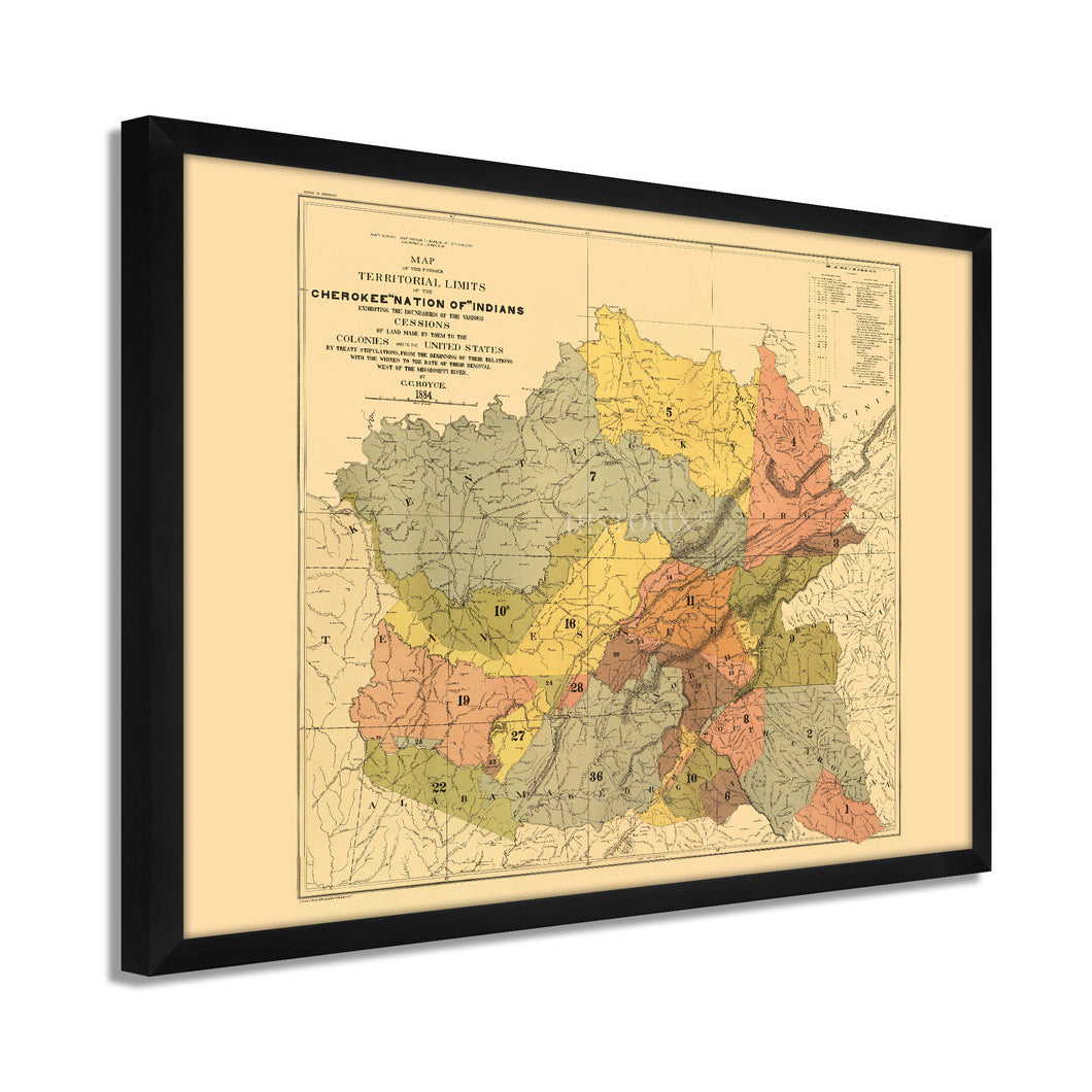 Digitally Restored and Enhanced 1884 Cherokee Nation History Map - Framed Vintage Map of Indian Tribes - Old Cherokee Nation Wall Art - Historic Oklahoma Map - American Indian Map