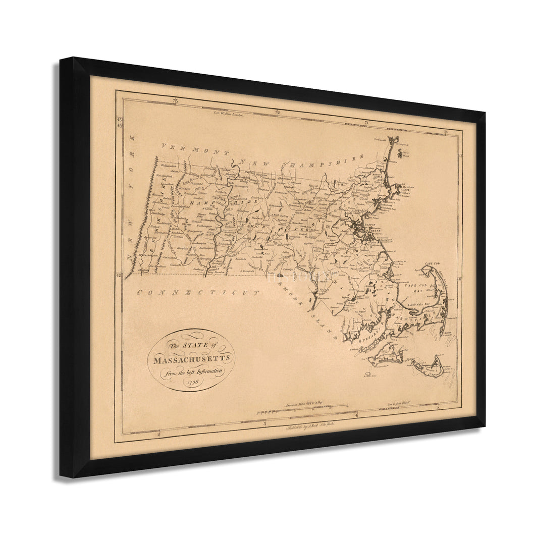 Digitally Restored and Enhanced 1796 Massachusetts State Map Print - Framed Vintage Map of Massachusetts Poster - Old Massachusetts Wall Art - Restored Map of Massachusetts State