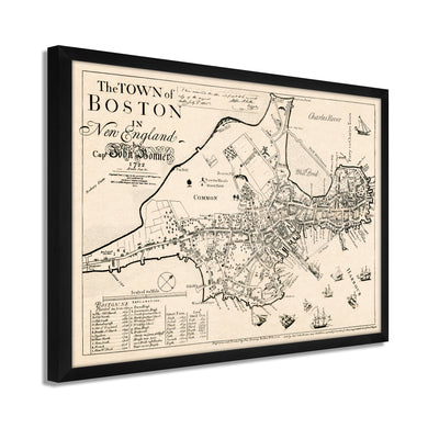 Digitally Restored and Enhanced 1722 Boston Massachusetts Map -Framed Vintage Boston Poster - History Map of Boston Framed Wall Art - Old Map of The Town of Boston in New England