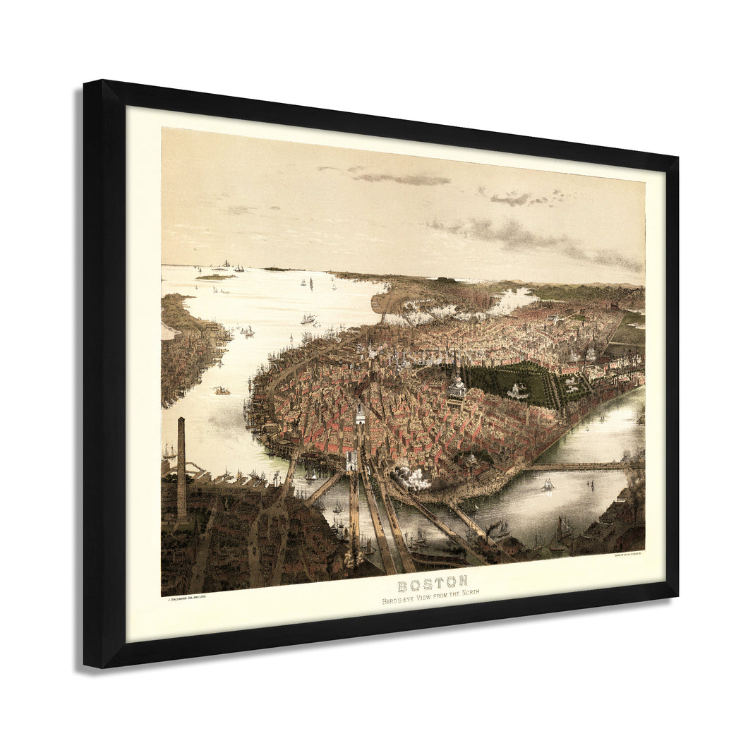 Digitally Restored and Enhanced 1877 Boston Map Poster - Framed Vintage Boston Poster - Old Map of Boston Wall Art - Bird's Eye View of Boston Massachusetts Map From The North