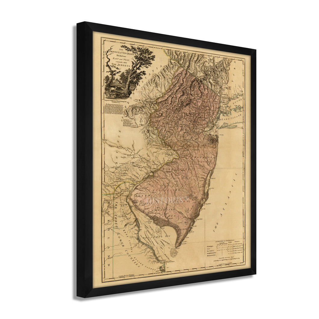 Digitally Restored and Enhanced 1777 New Jersey Map - Framed Vintage Map of New Jersey - Historic NJ Map - Old Province of New Jersey Wall Map Divided Into East & West Wall Art Poster
