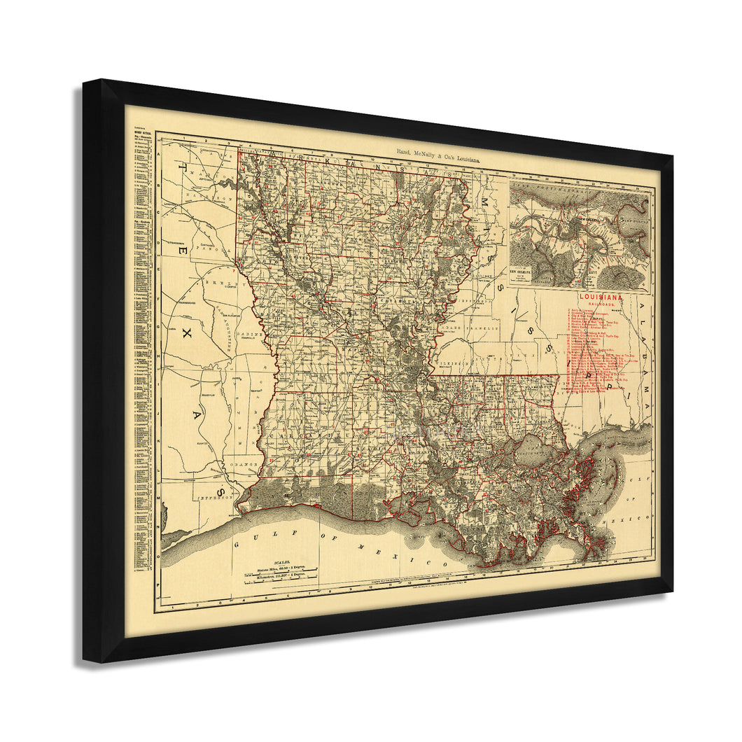 Digitally Restored and Enhanced 1896 Louisiana State Map - Framed Vintage Louisiana Map Poster - Old Louisiana Wall Art - Restored Louisiana State Map Poster Showing Cities & Towns