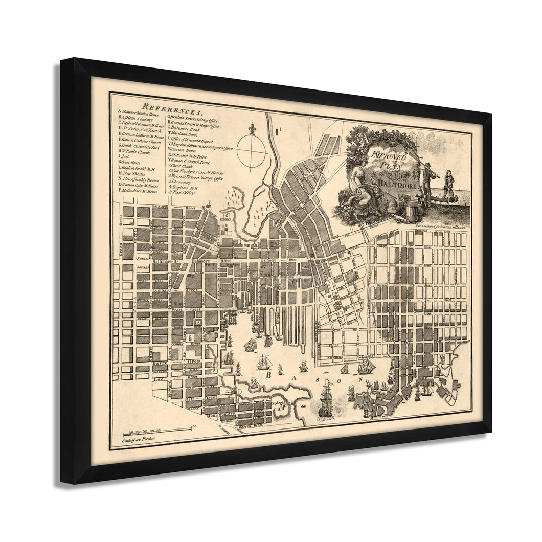 Digitally Restored and Enhanced 1804 Baltimore Map Print - Framed Vintage Baltimore City Wall Art - Old Baltimore Maryland Map Poster