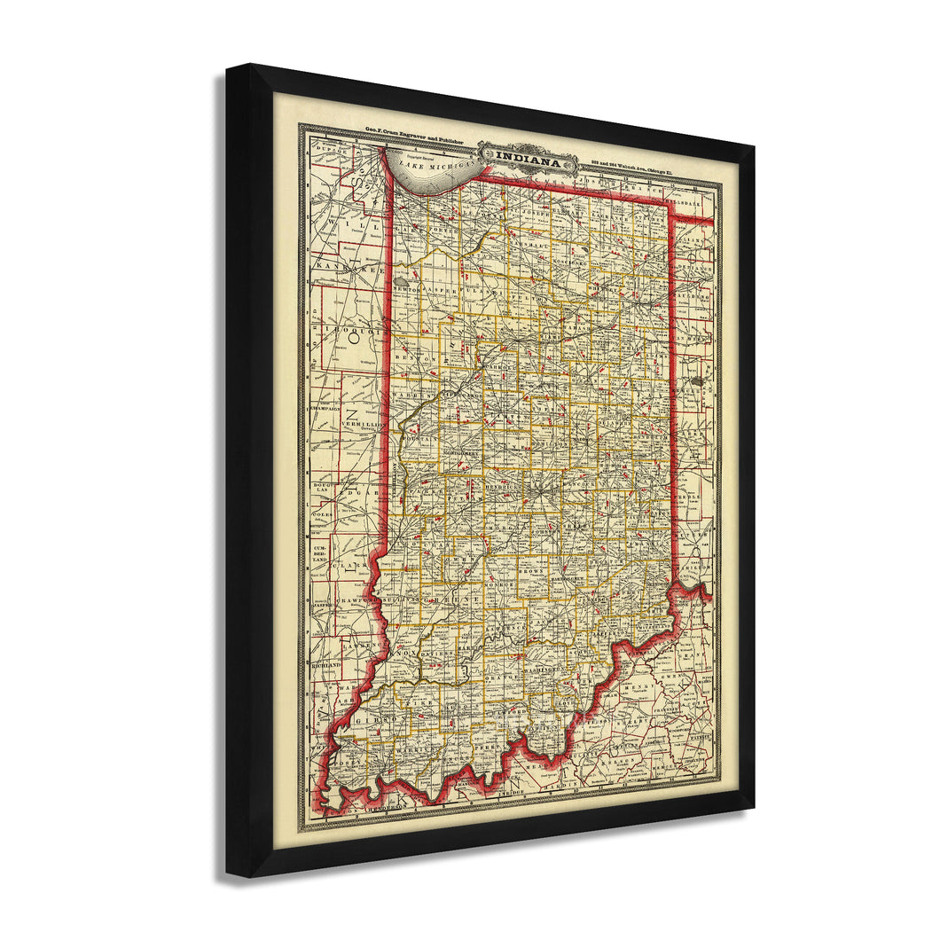 Digitally Restored and Enhanced 1888 Indiana Map Poster - Framed Vintage Map of Indiana - Restored Indiana State Map Print - Old Township & Rail Road Map of Indiana Wall Art