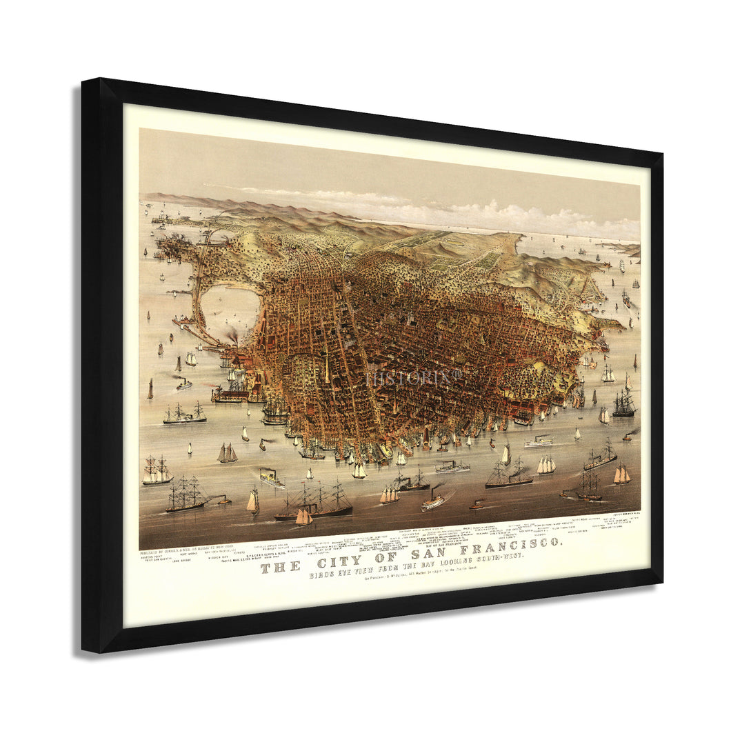Digitally Restored and Enhanced 1878 San Francisco City Map Poster - Framed Vintage San Francisco Wall Art - Map of San Francisco Poster - Bird's Eye View of San Francisco Map Print