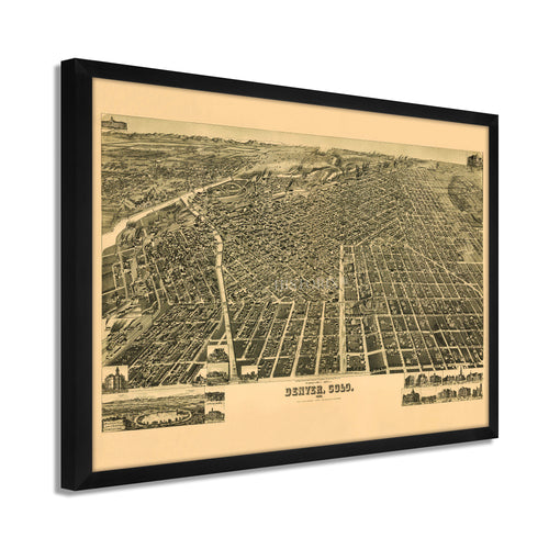 Digitally Restored and Enhanced 1889 Map of Denver Colorado - Framed Vintage Denver Wall Art - Old Denver Colorado Map - City of Denver Map History - Perspective Map of Denver CO