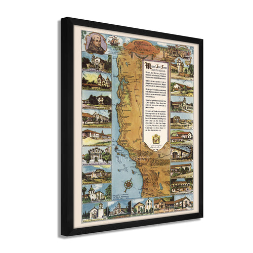 Digitally Restored and Enhanced 1949 California Map Poster - Framed Vintage Map of California Missions - Historic California Wall Art - Restored California Missions Map Print