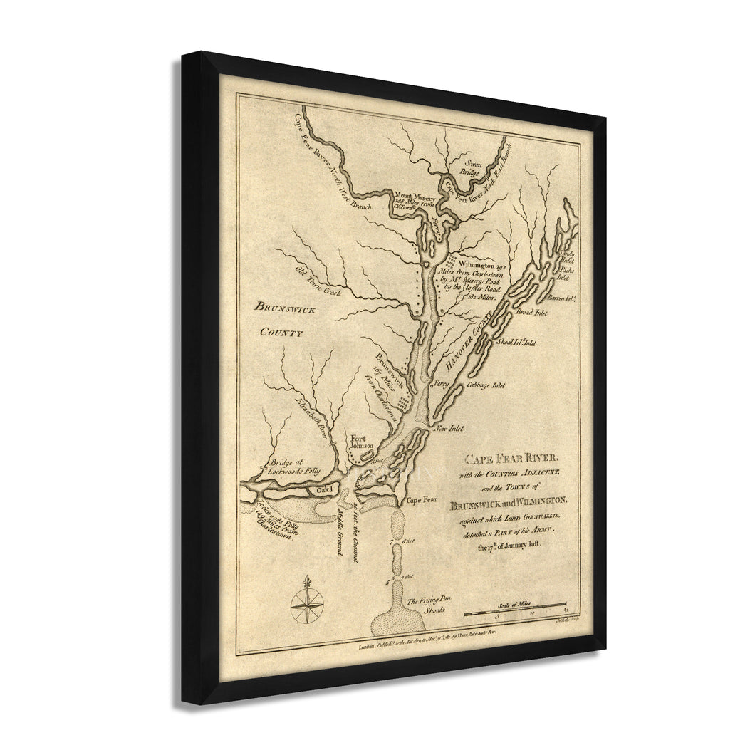 Digitally Restored and Enhanced 1781 Cape Fear River Map - Framed Vintage Map of North Carolina Poster - Old North Carolina Wall Art - Restored Cape Fear River NC Map Poster