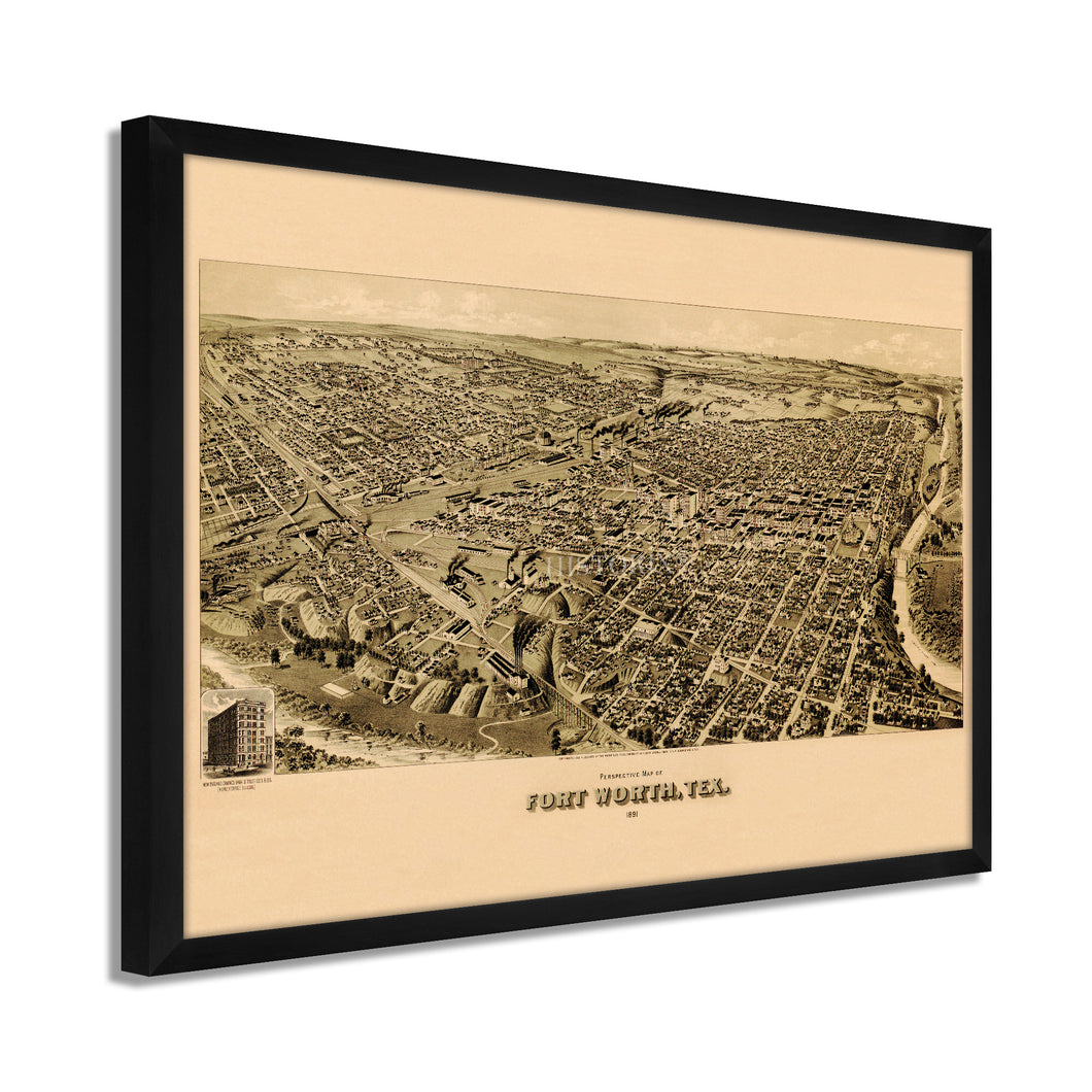 Digitally Restored and Enhanced 1891 Fort Worth Texas Map - Framed Vintage Fort Worth Map - Old Fort Worth Wall Art - Fort Worth TX Map History - Perspective Map of Fort Worth Poster