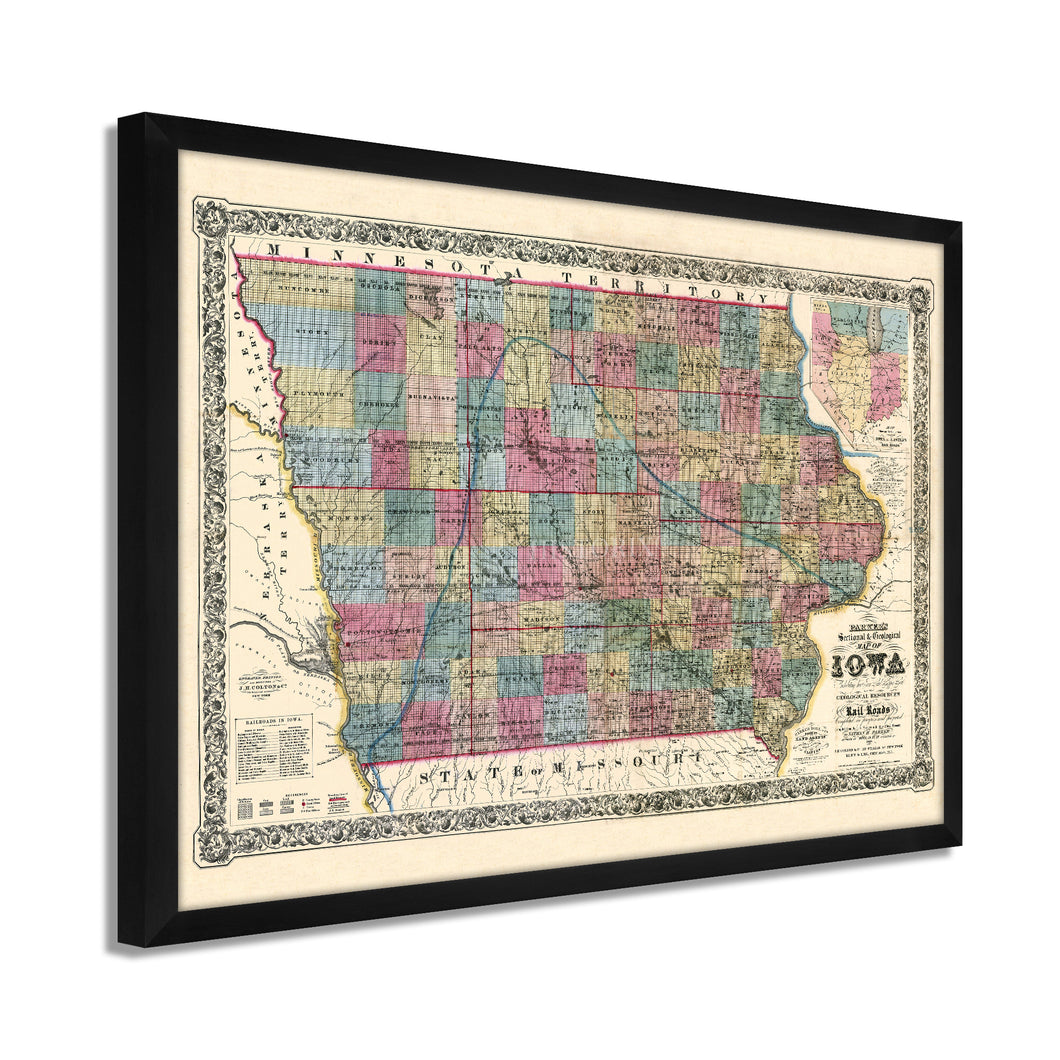 Digitally Restored and Enhanced 1856 Iowa Map Poster- Framed Vintage Iowa State Map - Old State of Iowa Wall Art - Historic Iowa Wall Map - Sectional & Geological Map of Iowa Poster