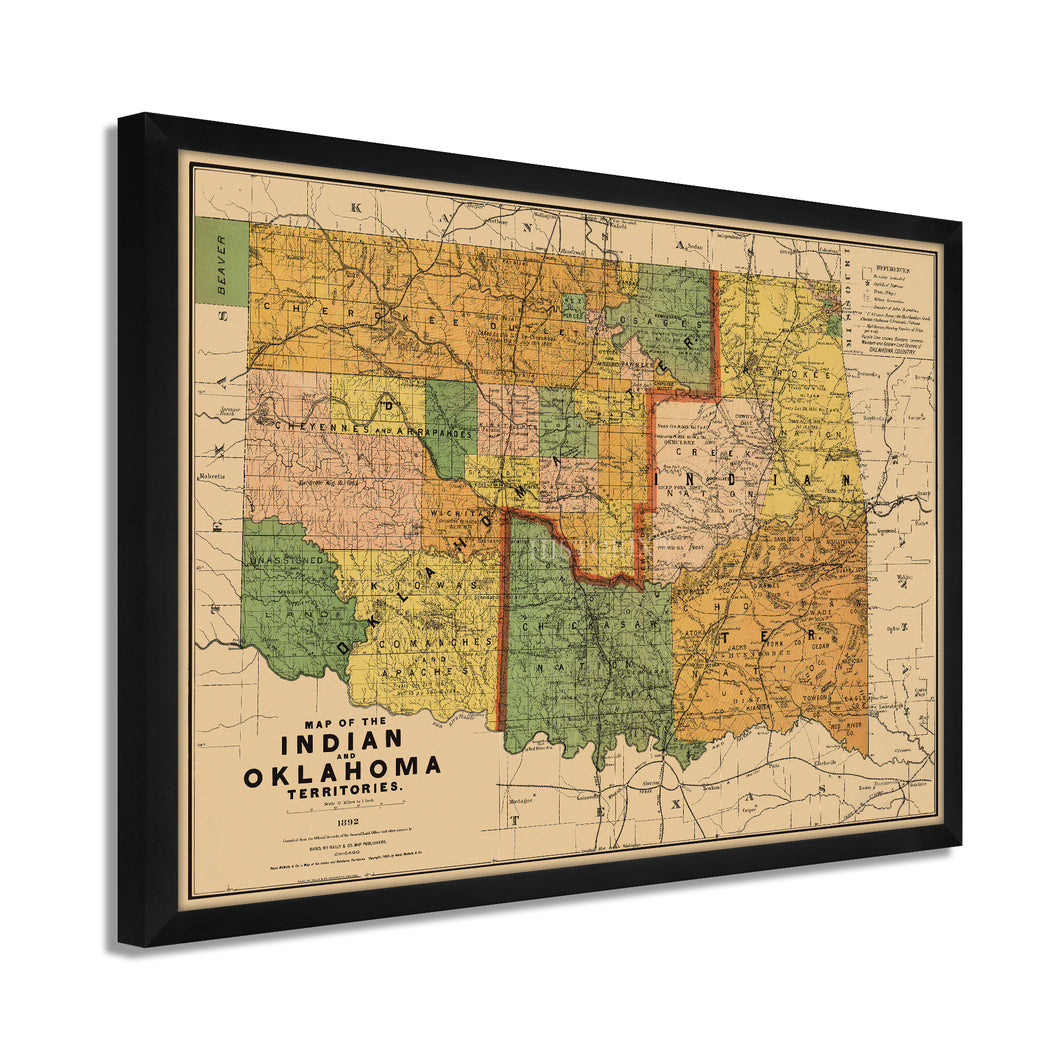 Digitally Restored and Enhanced 1892 Indian and Oklahoma Territories Map - Framed Vintage Oklahoma Map - Old Map of Oklahoma State Poster - Indian Territory Map & Oklahoma Map Poster