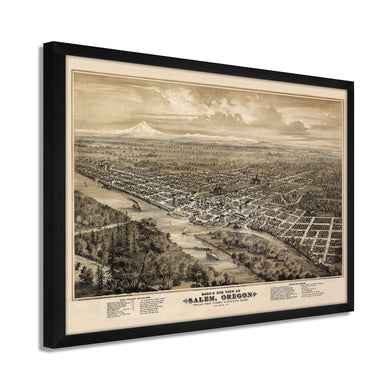 Digitally Restored and Enhanced 1876 Salem Oregon Map - Framed Vintage Oregon Poster Wall Art - Old State of Oregon Map - Bird's Eye View of Salem Oregon From The West Looking East