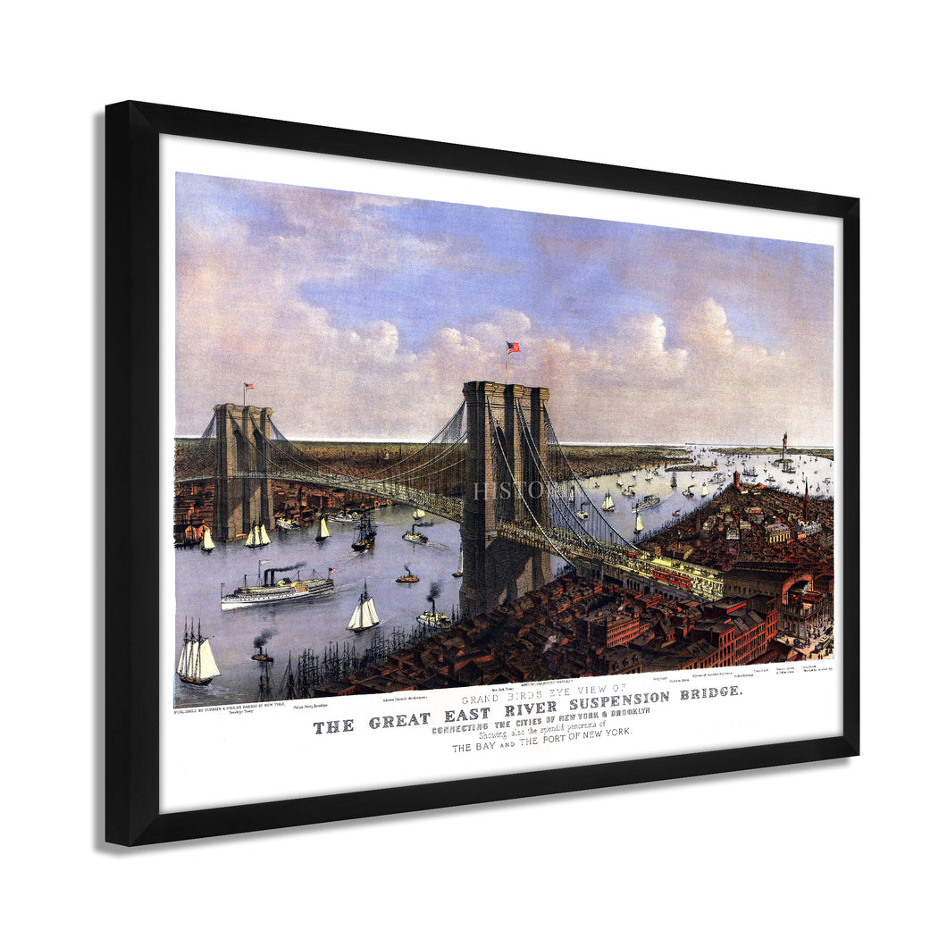 Digitally Restored and Enhanced 1885 Brooklyn Bridge Map - Framed Vintage New York Brooklyn Bridge Map - Bird's Eye View of Great East River Suspension Bridge New York City Wall Art Poster