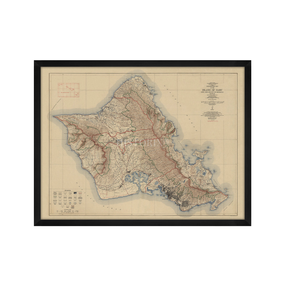 1938 Topographic Map of Oahu Honolulu Hawaii Map Framed Wall Art ...