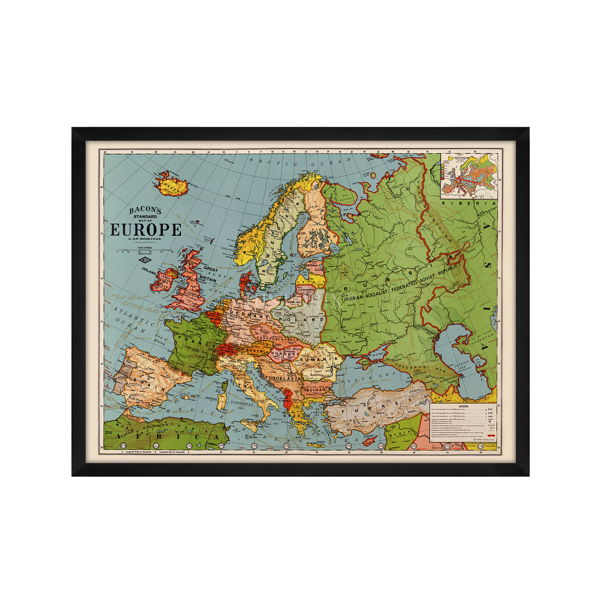 European Map 1925 1925 Standard Map of Europe with Time Zones Framed Wall Art – Historic ...