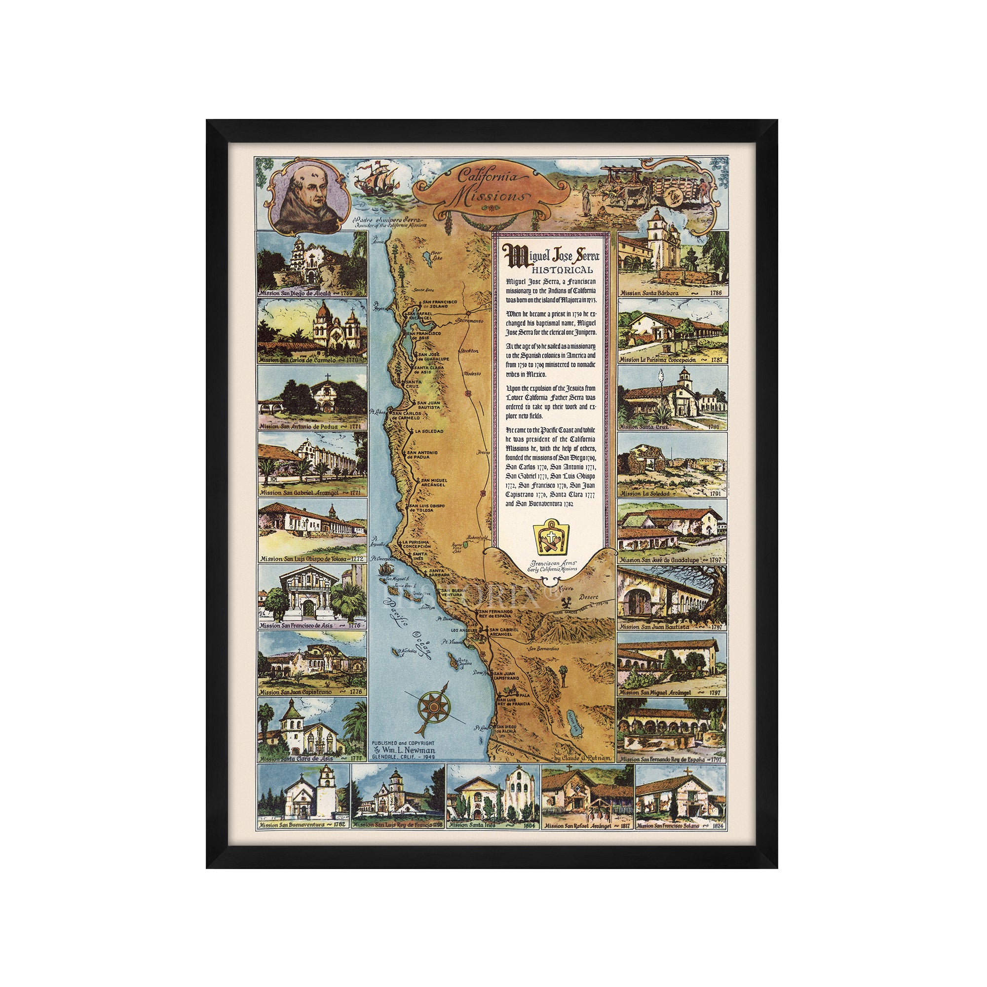 1949 California Missions United States Map Framed Wall Art – Historic Prints