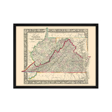 Cargar imagen en el visor de la galería, Digitally Restored and Enhanced 1863 Virginia  &amp; West Virginia Map - Framed Vintage Virginia Wall Map - Old West Virginia Wall Art
