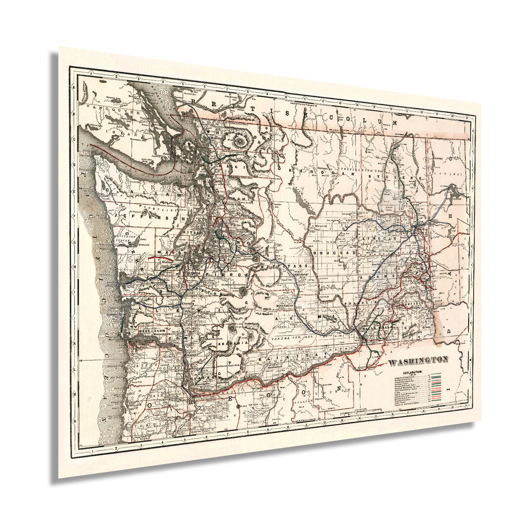 Digitally Restored and Enhanced 1888 Map of Washington State Vintage Map of Washington State Wall Art - Washington State Wall Decor - Cram's Township and Railroad Map Washington State
