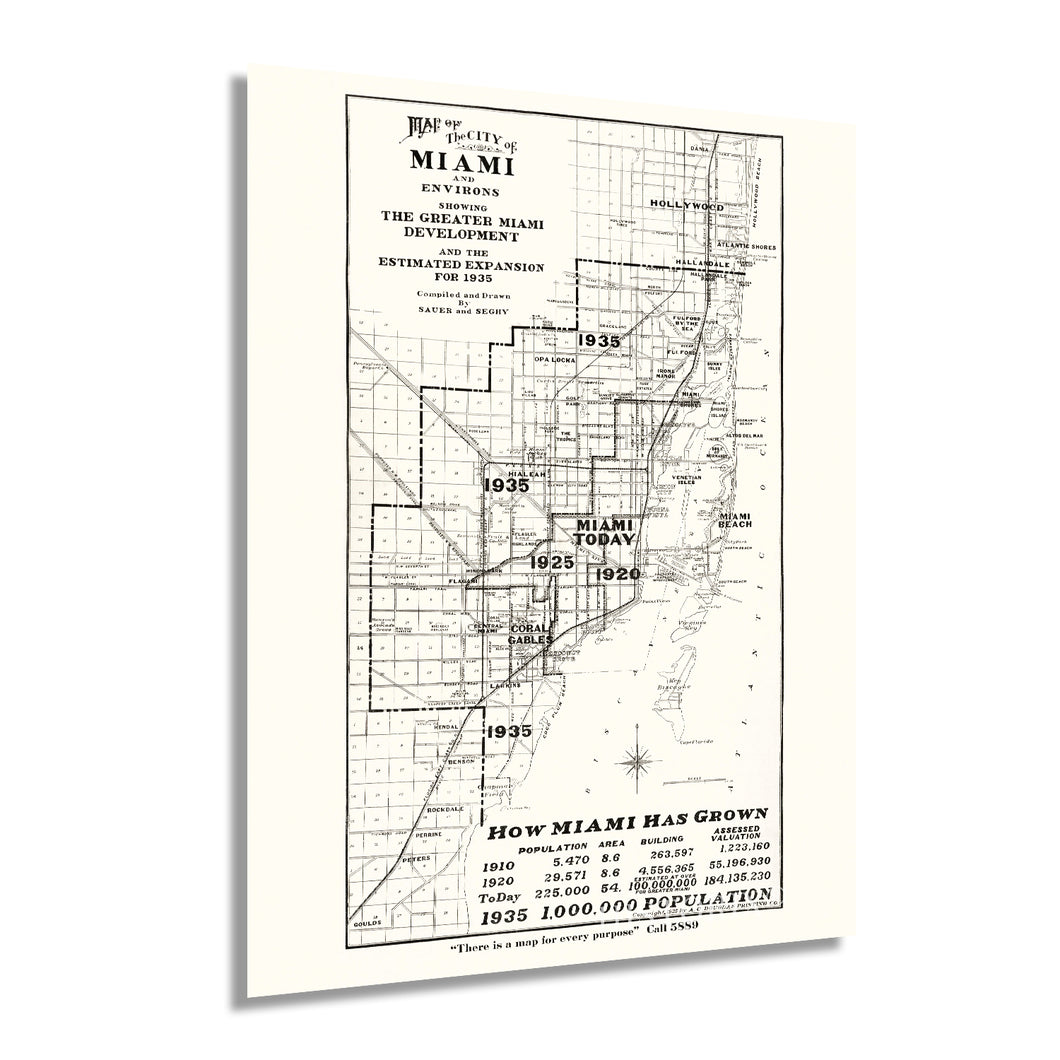 Digitally Restored and Enhanced 1925 Miami Map Poster - Vintage Map of Miami Florida - Map of The City of Miami and Environs Showing Greater Miami FL Development & Estimated Expansion