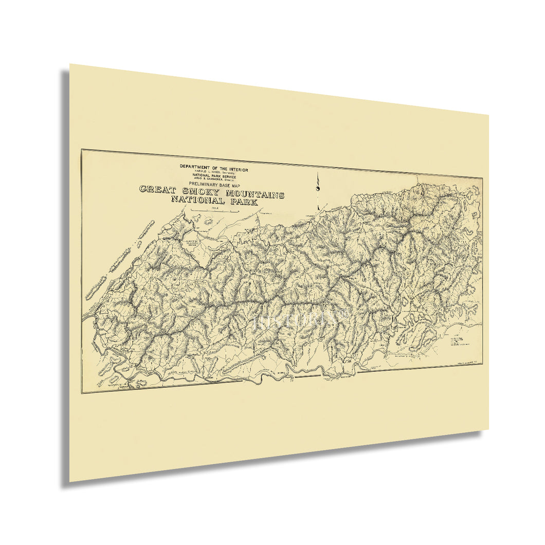 Digitally Restored and Enhanced 1934 Great Smoky Mountains National Park Map - Vintage Great Smoky Mountains Map- Old Smoky Mountains Poster - Preliminary Base Map of Great Smoky Mountains National Park