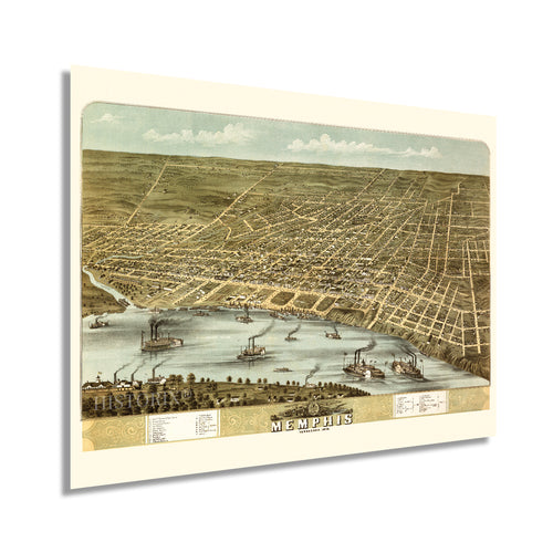 Digitally Restored and Enhanced 1870 Memphis Tennessee Map - Vintage Memphis Wall Art - Old City of Memphis TN Map - Historic Bird's Eye View of Memphis Poster Showing Points of Interest