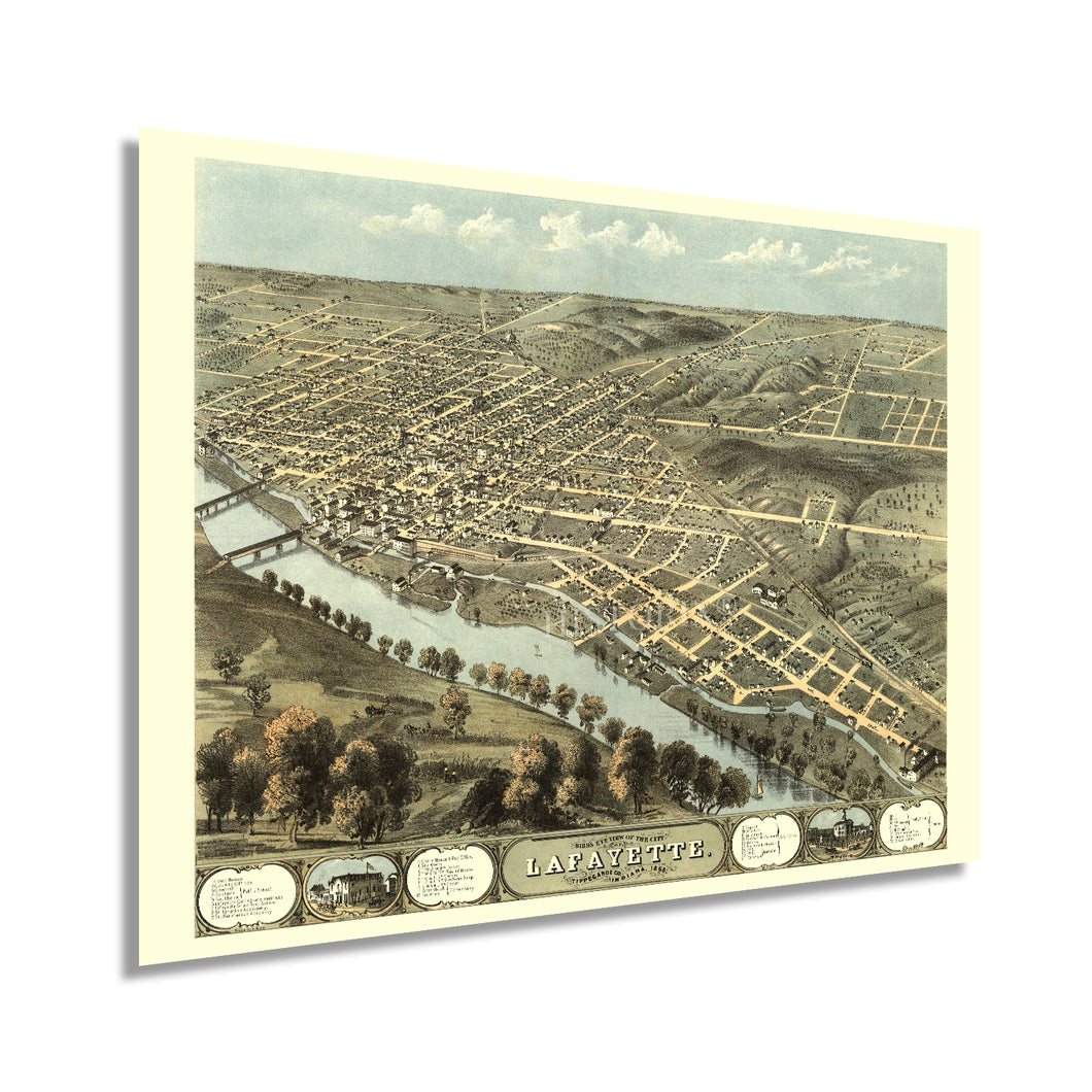 Digitally Restored and Enhanced 1868 Lafayette Indiana Map Poster - Old Map of Lafayette IN Wall Art Print - History Map of Lafayette Tippecanoe County