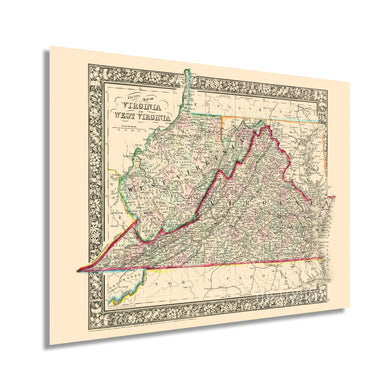 Digitally Restored and Enhanced 1863 Virginia and West Virginia Map - Vintage Map of Virginia Poster and West Virginia Wall Map - Old County Map of Virginia and West Virginia