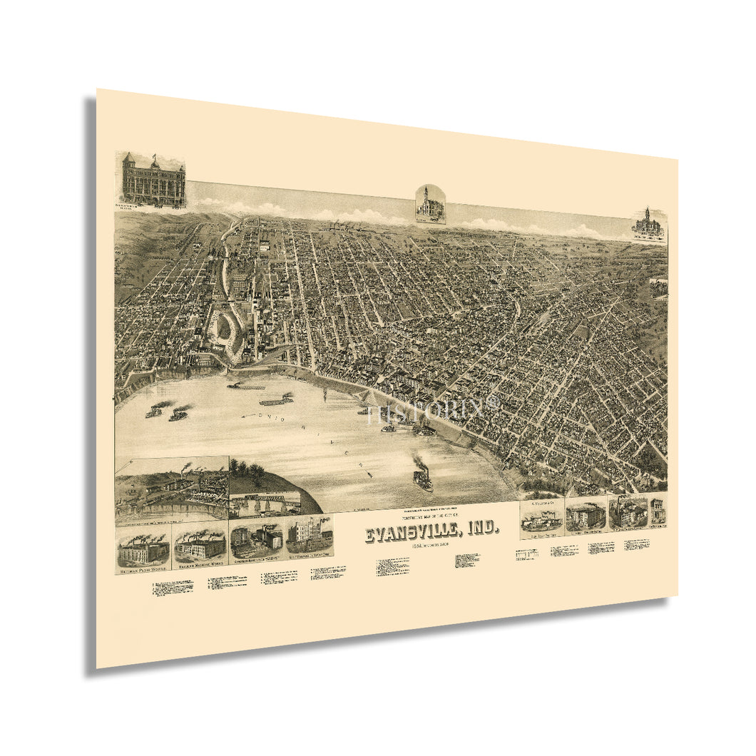 Digitally Restored and Enhanced 1888 Evansville Indiana Map Poster - Perspective Map of Evansville Wall Art - Old City of Evansville Wall Map of Indiana